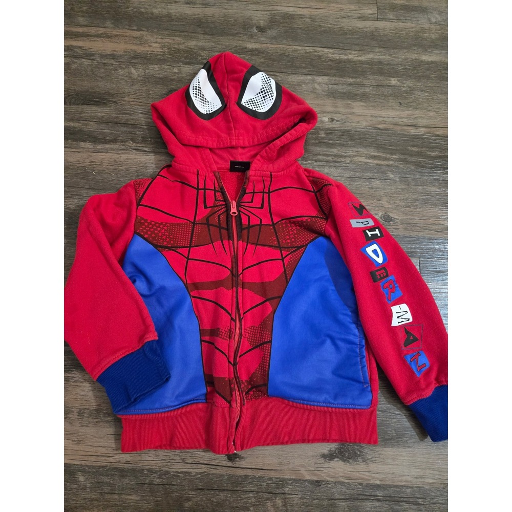 Marvel Spider-Man Kids Red Blue Full Zip Hoodie Character Mask Hood Size 4/5